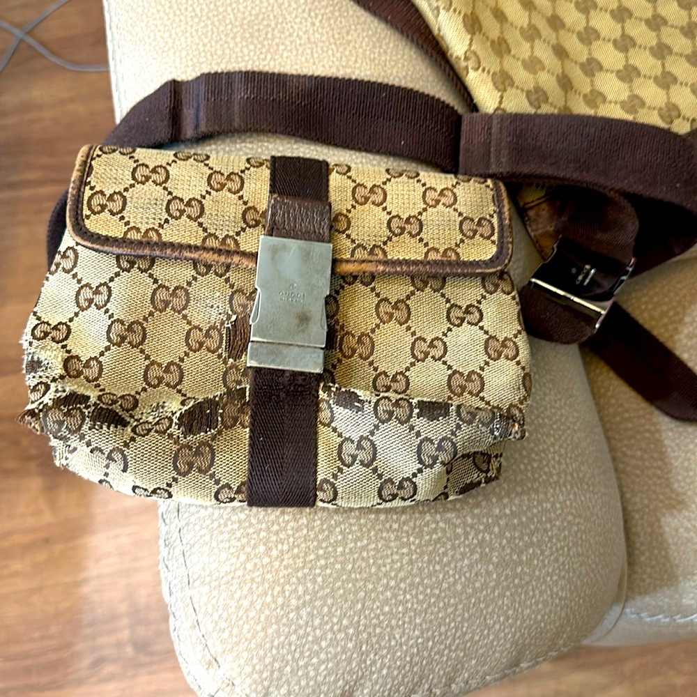 Authentic GUCCI Vintage Waist Body Bag Purse Canvas Leather 131236 Brown